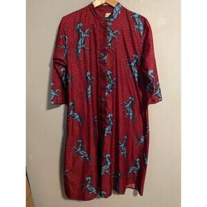 Elisamama Dress Womens Large Red Horse Print Collared 3/4 Sleeve Shift Midi Boho